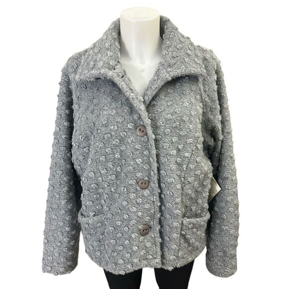 Maralyce Ferree Gray Wool Blend Popcorn Knit Buttoned Jacket size Large‎ NEW - Picture 1 of 12